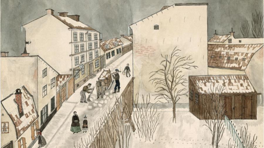 Utsigt från mitt fönster uti huset N.6 Blecktornsgränd av Josabeth Sjöberg, målad 1875-82. 